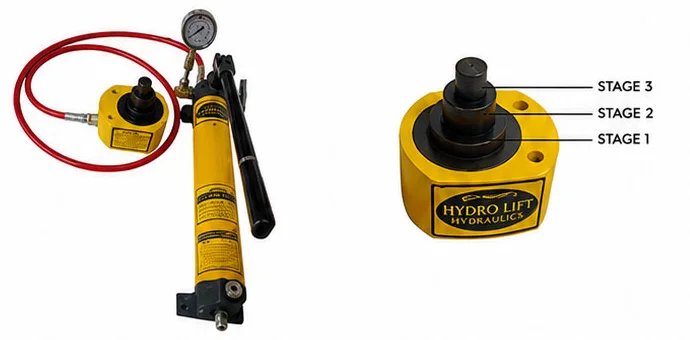 Multi-stage hydraulic cylinder, 10 to 100 tonnes